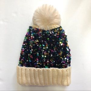 Tan Sparkly Beanie with Faux Fur Pompom
